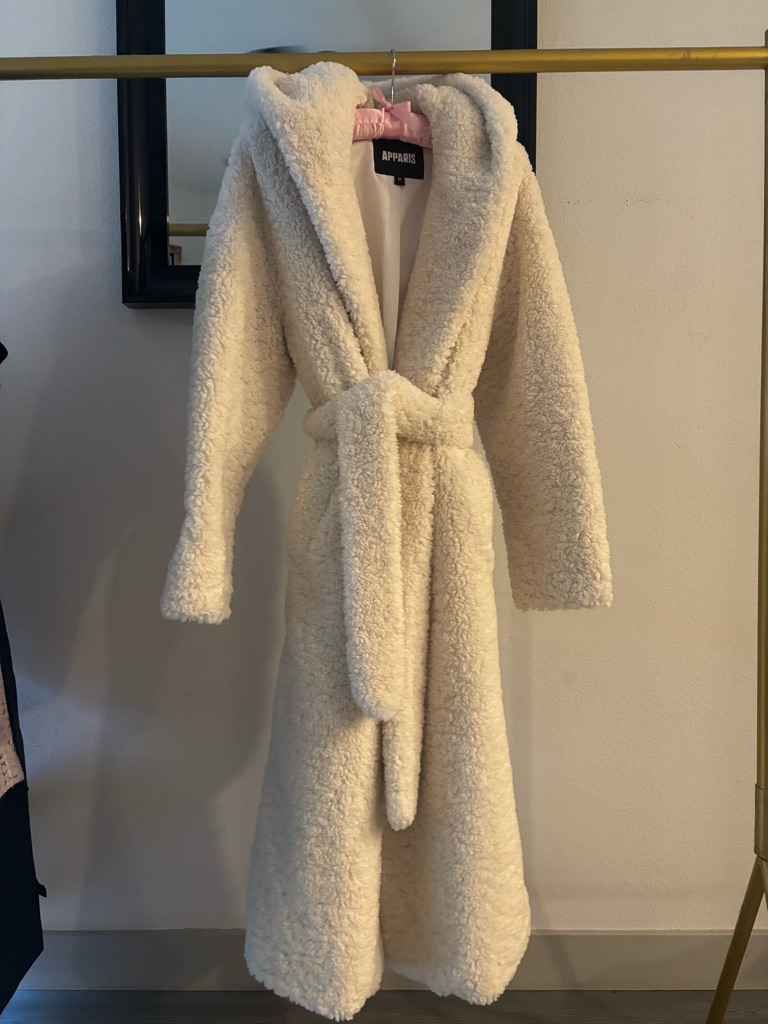 Apparis Cream Teddy Longline Coat With Pink Satin Trim